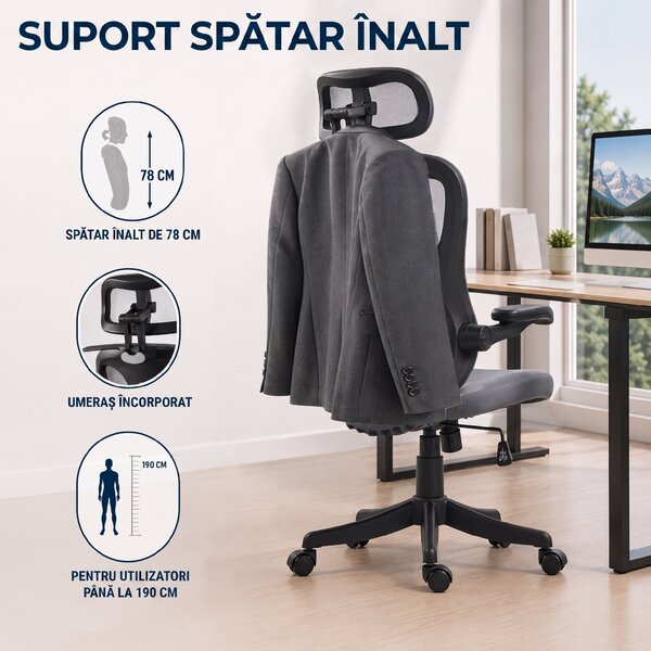 HOMCOM Scaun de Birou Ergonomic cu Tetieră 2D, Cotiere 3D, Înălțime Reglabilă, Mesh Respirabil, Gri Închis | Aosom Romania