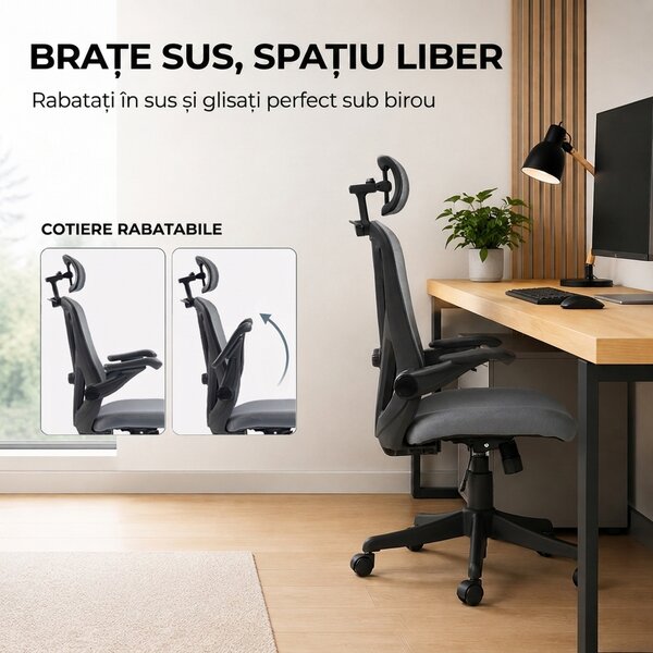 HOMCOM Scaun de Birou Ergonomic cu Tetieră 2D, Cotiere 3D, Înălțime Reglabilă, Mesh Respirabil, Gri Închis | Aosom Romania