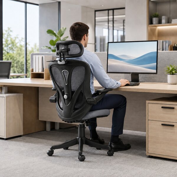 HOMCOM Scaun de Birou Ergonomic cu Tetieră 2D, Cotiere 3D, Înălțime Reglabilă, Mesh Respirabil, Gri Închis | Aosom Romania