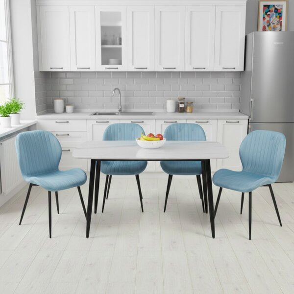 Set Masă Atlas Marble Albă cu 4 Scaune Opal Blue, Blat din Piatră Sinterizată, 120 × 77,5 × 72 cm