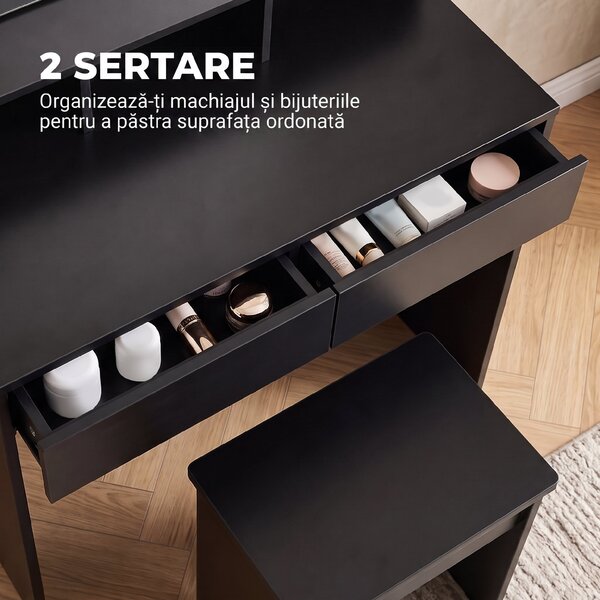 HOMCOM Masă de Toaletă cu Oglindă, 3 Rafturi, 2 Sertare, 75x38x135 cm, Negru | Aosom Romania