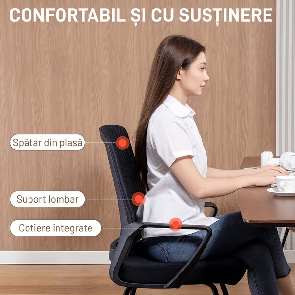 HOMCOM Scaun de Birou Fără Roți Ergonomic cu Brațe pentru Sala de Așteptare, Negru | Aosom Romania