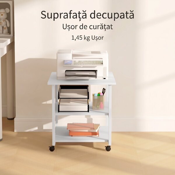 HOMCOM Suport Imprimantă cu Raft de Depozitare, Masă de Imprimantă mobilă pe roți, 50x50x52.5 cm, Alb | Aosom Romania