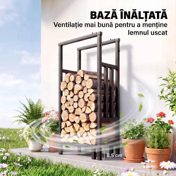 Outsunny Suport pentru Lemne de Interior și Exterior, Reglabil, cu Bază Înălțată, din Oțel, Negru | Aosom Romania