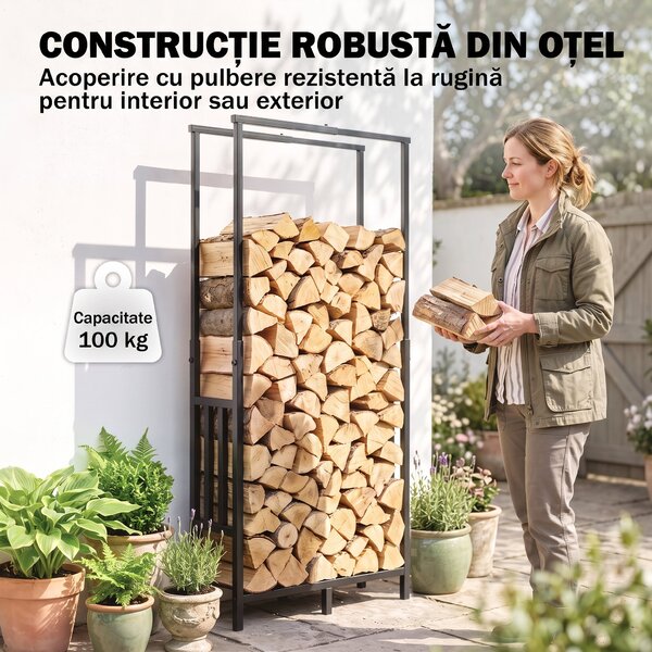 Outsunny Suport pentru Lemne de Interior și Exterior, Reglabil, cu Bază Înălțată, din Oțel, Negru | Aosom Romania