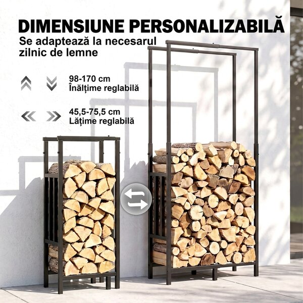Outsunny Suport pentru Lemne de Interior și Exterior, Reglabil, cu Bază Înălțată, din Oțel, Negru | Aosom Romania