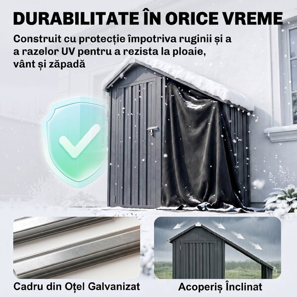 Outsunny Șopron Exterior pentru Lemne cu Dulap pentru Unelte, 0,77 m², 150x66x162 cm, Din Oțel Galvanizat, Gri Închis | Aosom Romania