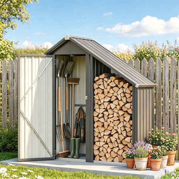 Outsunny Șopron Exterior pentru Lemne cu Dulap pentru Unelte, 0,77 m², 150x66x162 cm, Din Oțel Galvanizat, Gri Închis | Aosom Romania