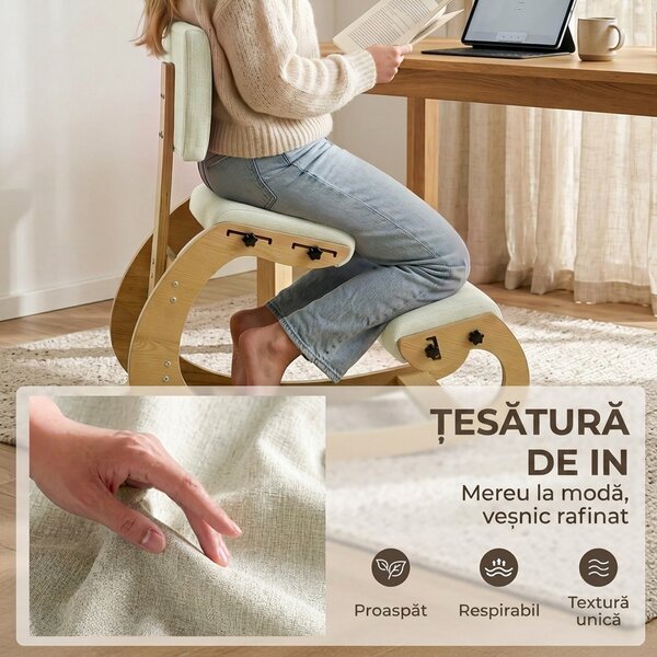 HOMCOM Scaun Ergonomic pentru Genunchi cu Spatar, Balansoar, Postural, Lemn Mesteacan, Crem | Aosom Romania