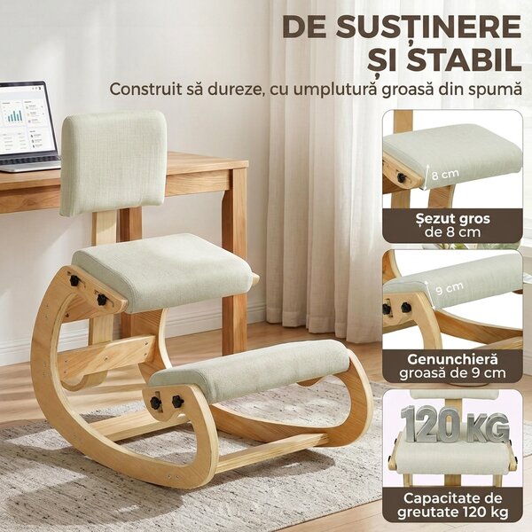 HOMCOM Scaun Ergonomic pentru Genunchi cu Spatar, Balansoar, Postural, Lemn Mesteacan, Crem | Aosom Romania