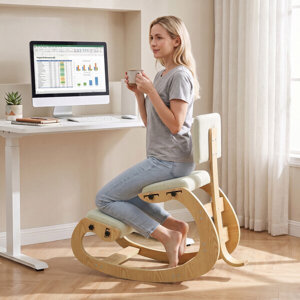 HOMCOM Scaun Ergonomic pentru Genunchi cu Spatar, Balansoar, Postural, Lemn Mesteacan, Crem | Aosom Romania