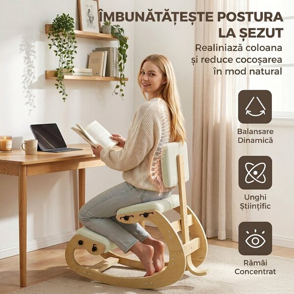 HOMCOM Scaun Ergonomic pentru Genunchi cu Spatar, Balansoar, Postural, Lemn Mesteacan, Crem | Aosom Romania