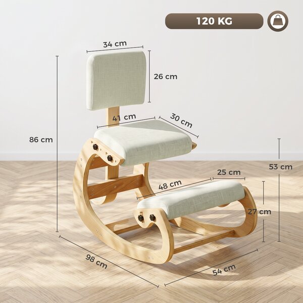 HOMCOM Scaun Ergonomic pentru Genunchi cu Spatar, Balansoar, Postural, Lemn Mesteacan, Crem | Aosom Romania