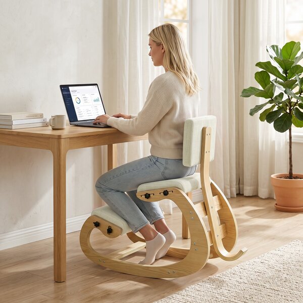 HOMCOM Scaun Ergonomic pentru Genunchi cu Spatar, Balansoar, Postural, Lemn Mesteacan, Crem | Aosom Romania