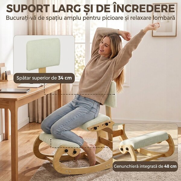 HOMCOM Scaun Ergonomic pentru Genunchi cu Spatar, Balansoar, Postural, Lemn Mesteacan, Crem | Aosom Romania