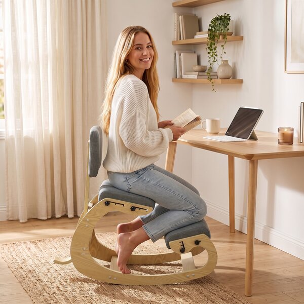 HOMCOM Scaun Ergonomic pentru Genunchi cu Spatar, Balansoar, Postural, In si Lemn Mesteacan, Gri | Aosom Romania