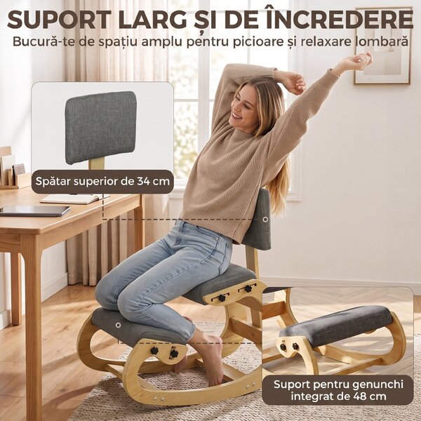 HOMCOM Scaun Ergonomic pentru Genunchi cu Spatar, Balansoar, Postural, In si Lemn Mesteacan, Gri | Aosom Romania