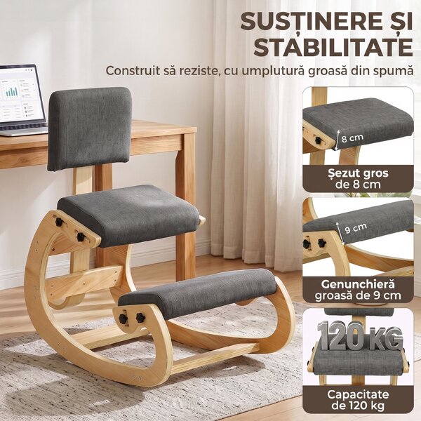 HOMCOM Scaun Ergonomic pentru Genunchi cu Spatar, Balansoar, Postural, In si Lemn Mesteacan, Gri | Aosom Romania