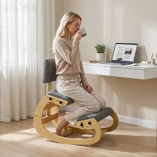 HOMCOM Scaun Ergonomic pentru Genunchi cu Spatar, Balansoar, Postural, In si Lemn Mesteacan, Gri | Aosom Romania