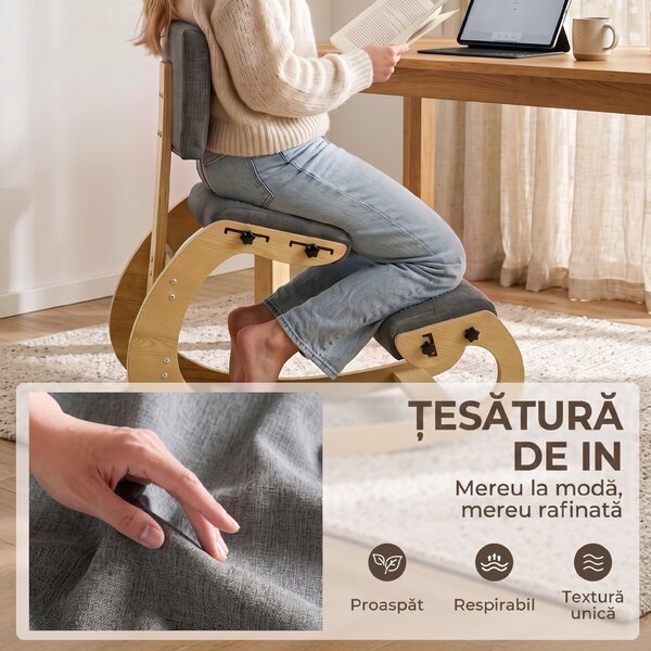 HOMCOM Scaun Ergonomic pentru Genunchi cu Spatar, Balansoar, Postural, In si Lemn Mesteacan, Gri | Aosom Romania