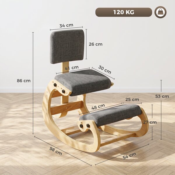 HOMCOM Scaun Ergonomic pentru Genunchi cu Spatar, Balansoar, Postural, In si Lemn Mesteacan, Gri | Aosom Romania