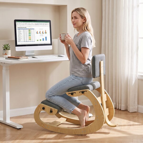 HOMCOM Scaun Ergonomic pentru Genunchi cu Spatar, Balansoar, Postural, In si Lemn Mesteacan, Gri | Aosom Romania