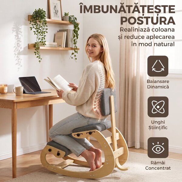 HOMCOM Scaun Ergonomic pentru Genunchi cu Spatar, Balansoar, Postural, In si Lemn Mesteacan, Gri | Aosom Romania