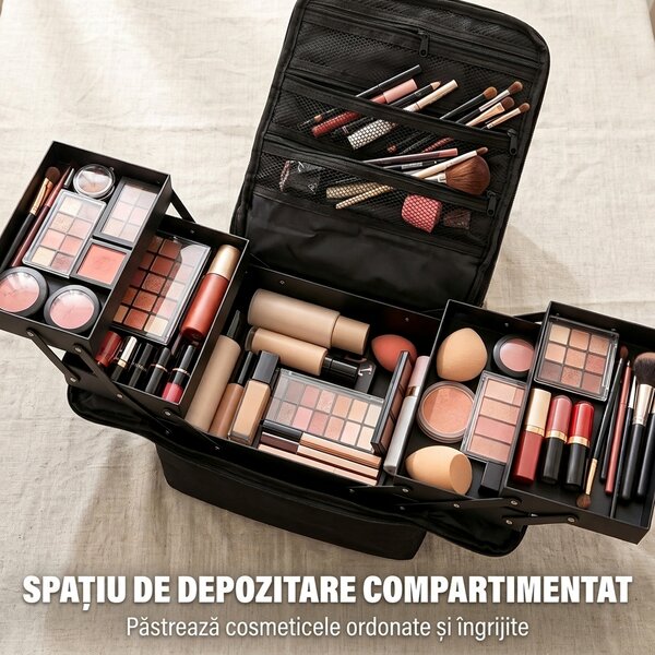 HOMCOM Trusă Machiaj Profesională, 4 Compartimente Interioare Detașabile, Curea și Mâner, 27,5x19,5x24,5 cm, Negru | Aosom Romania