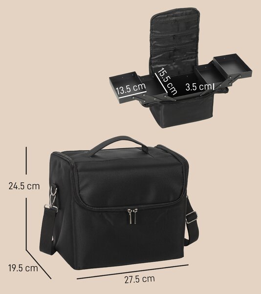 HOMCOM Trusă Machiaj Profesională, 4 Compartimente Interioare Detașabile, Curea și Mâner, 27,5x19,5x24,5 cm, Negru | Aosom Romania
