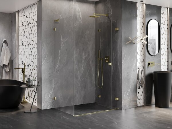 Mexen Lunar-F L, colt dus dreapta 80 x 70 cm, sticla transparenta 8 mm, profil auriu, 836L-080-070-50-00-P