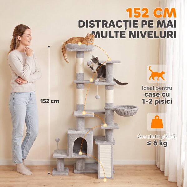 PawHut Stâlp de Zgâriat Per Pisici pe Mai Multe Niveluri Con 4 Stâlpi E Culcuș Gri Chiaro | Aosom Romania