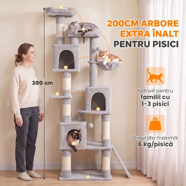PawHut Ansamblu Pisici 200 cm, Plăci Aglomerate Pluș, Gri Deschis | Aosom Romania