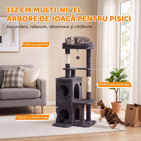 PawHut Ansamblu pentru Pisici, 132 cm, Pluș PAL, Gri Închis | Aosom Romania
