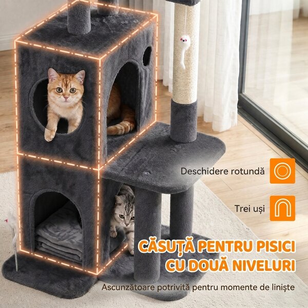 PawHut Ansamblu pentru Pisici, 132 cm, Pluș PAL, Gri Închis | Aosom Romania