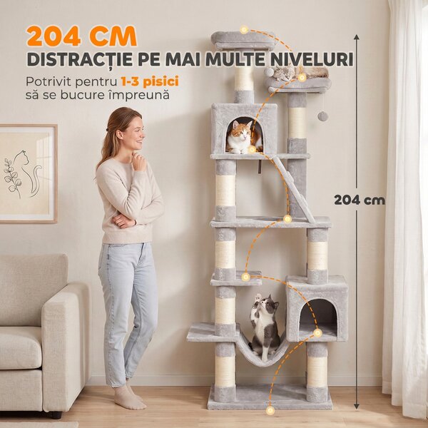 PawHut Ansamblu Joacă Pisici XXL Multinivel 204 cm cu Stâlpi Sisal, Culcușuri și Hamac, 60x48x204 cm, Gri Deschis | Aosom Romania