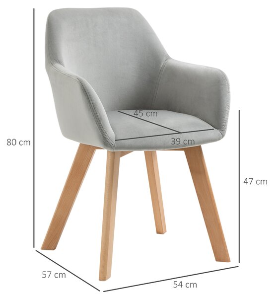 HOMCOM Set 2 Scaune de Sufragerie cu Picioare din Lemn, Scaune de Bucatarie Capitonate cu Cotiere din Tesatura Catifelata, 54x57x80cm, Gri