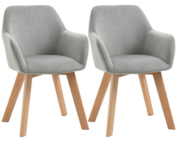 HOMCOM Set 2 Scaune de Sufragerie cu Picioare din Lemn, Scaune de Bucatarie Capitonate cu Cotiere din Tesatura Catifelata, 54x57x80cm, Gri