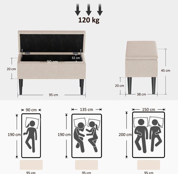 HOMCOM Scaun Modern cu Spațiu de Depozitare și Picioare din Lemn, Scaun Tapițat pentru Living sau Dormitor, 95x38x45 cm, Bej | Aosom Romania
