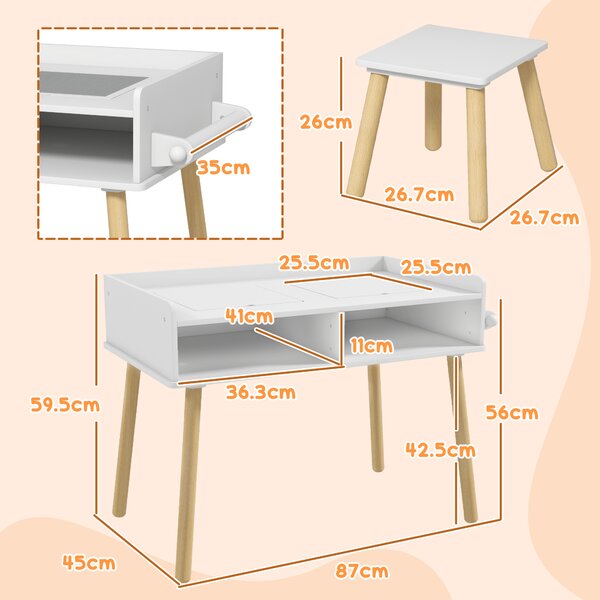 HOMCOM Set de Masă și Scaun pentru Copii, Masă de Activități pentru Copii Mici 3 în 1 cu Tablă de Construcție, 87x45x59.5 cm, Alb | Aosom Romania