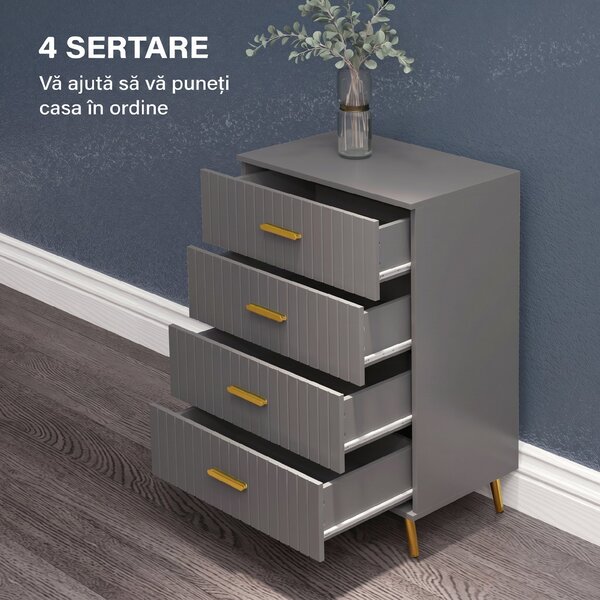 HOMCOM Comodă Modernă cu 4 Sertare, Unitate Sertar Depozitare cu Picioare din Aluminiu, 60x40x90 cm, Gri Închis