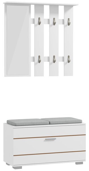 HOMCOM Set de Depozitare pentru Hol 4-în-1, Cuiere, Oglindă, Bancă pentru Încălțăminte cu Scaun, 85x35x49 cm, Alb | Aosom Romania