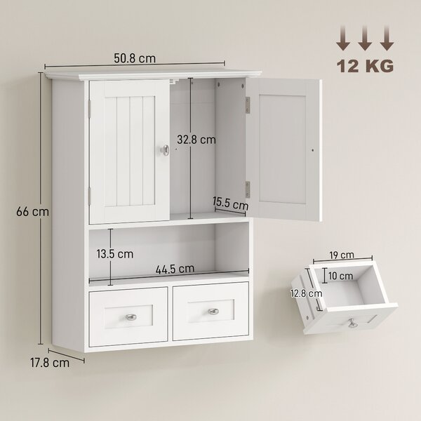 Kleankin Dulap de Perete pentru Baie cu 2 Uși, un Raft Deschis și 2 Sertare, Mobilier Multifuncțional, 50,8x17,8x66 cm, Alb | Aosom Romania