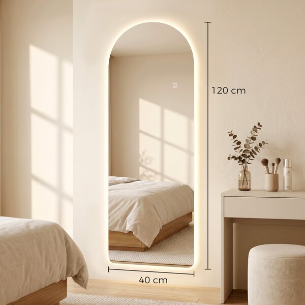 HOMCOM Oglindă de Perete în Formă de Arc cu Iluminare LED, Control Tactil și Sticlă Călită, 40x3x120 cm, Transparentă | Aosom Romania