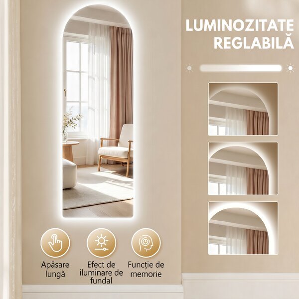 HOMCOM Oglindă de Perete în Formă de Arc cu Iluminare LED, Control Tactil și Sticlă Călită, 40x3x120 cm, Transparentă | Aosom Romania