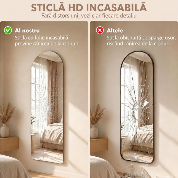 HOMCOM Oglindă de Perete în Formă de Arc cu Iluminare LED, Control Tactil și Sticlă Călită, 40x3x120 cm, Transparentă | Aosom Romania