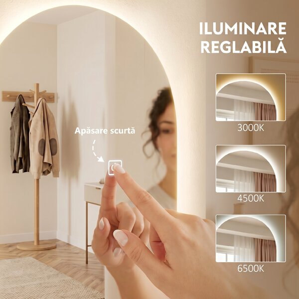 HOMCOM Oglindă de Perete în Formă de Arc cu Iluminare LED, Control Tactil și Sticlă Călită, 40x3x120 cm, Transparentă | Aosom Romania