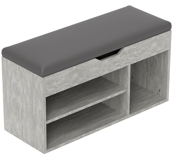 HOMCOM Bancă Hol cu 3 Rafturi Deschise, Spațiu Ascuns și Pernă Capitonată, Banca Pantofi, 80x30x45 cm, Gri | Aosom Romania
