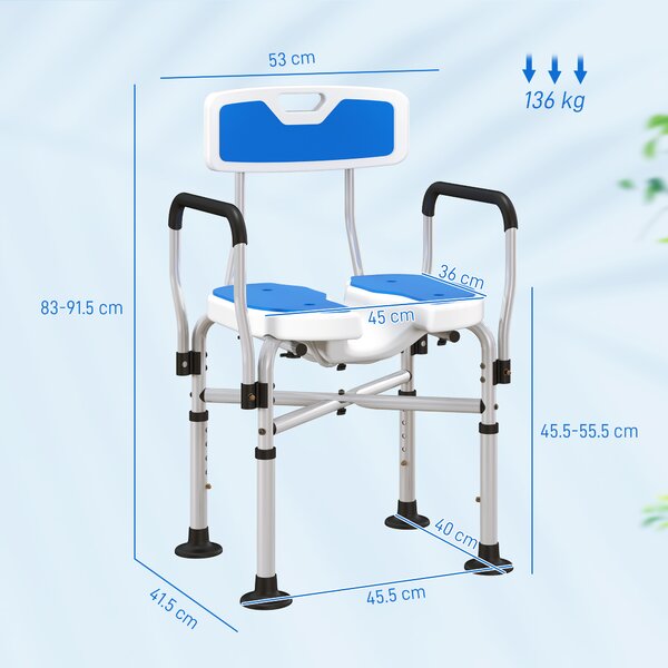 HOMCOM Scaun de Duș cu Spătar, Brațe, Șezut Canelatat, Bare de Ranforsare și Înălțime Reglabilă, 53x41,5x78,5-91,5 cm, Albastru | Aosom Romania