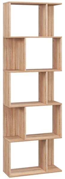 HOMCOM Bibliotecă cu 5 Rafturi Separate cu Spațiu de Economisire în Formă de S din Lemn, 60x24x184,5 cm, Lemn Natural | Aosom Romania