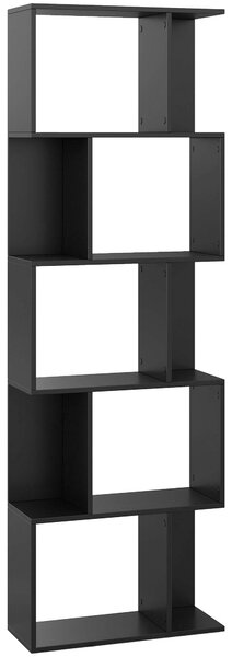 HOMCOM Bibliotecă cu 5 Rafturi Divizate în Formă de S din Lemn, 60x24x184.5 cm, Negru | Aosom Romania